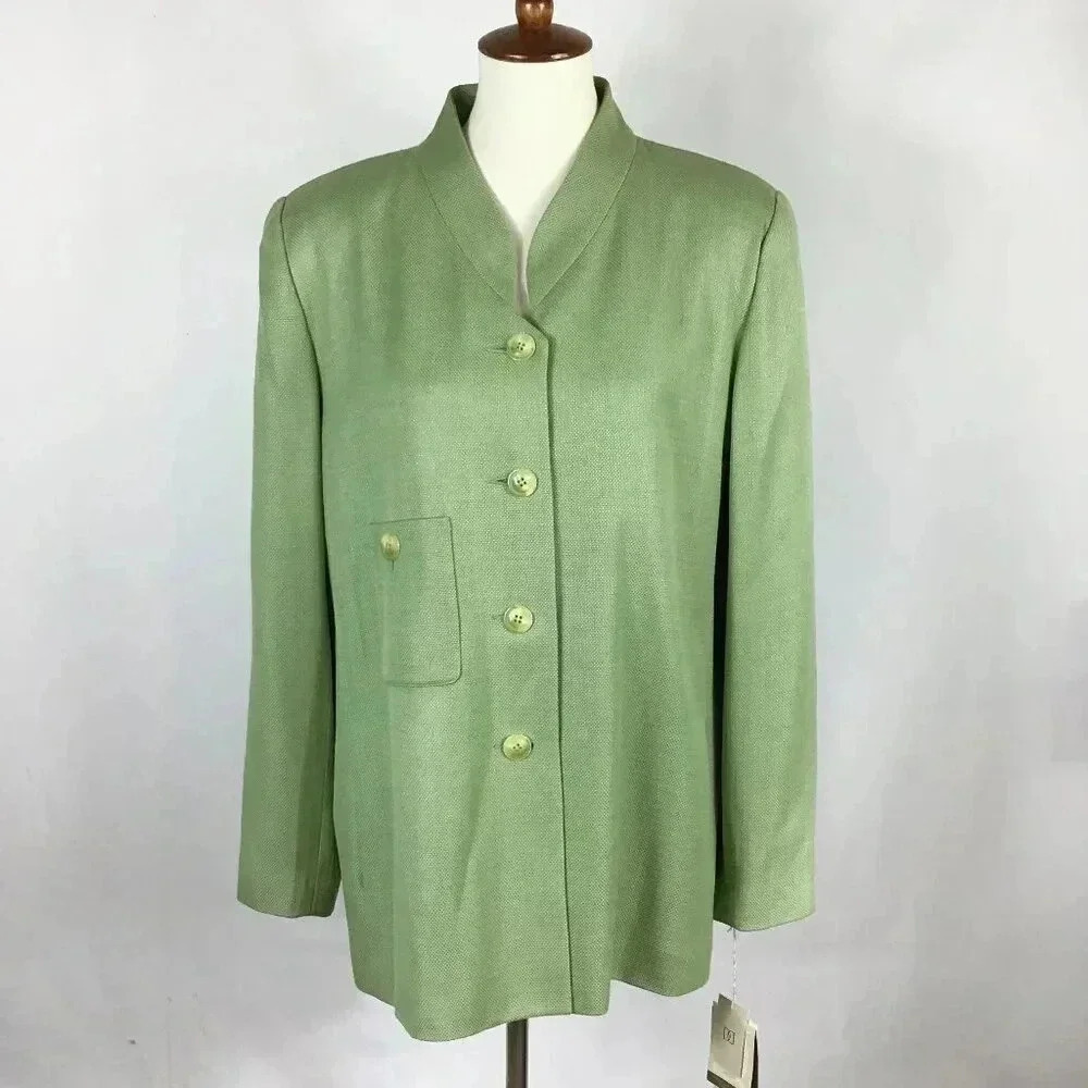 Doncaster Blazer Woven Textured Green Mandarin Collar Lined Pockets Plus Size 16